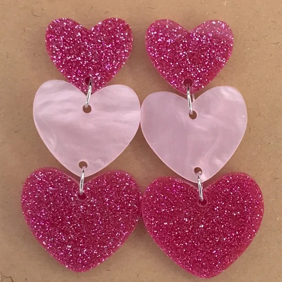 Pink Triple Layer Acrylic Sparkling Heart Earrings - Picture 3 of 3